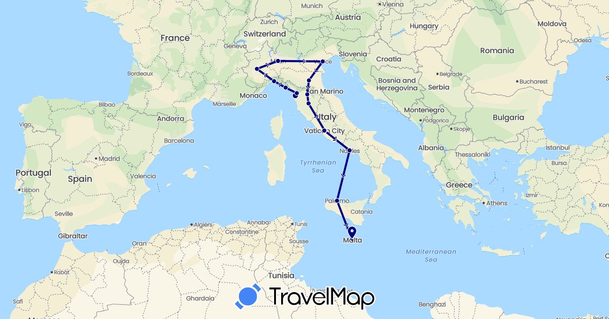 TravelMap itinerary: driving in Italy, Malta, Vatican City (Europe)